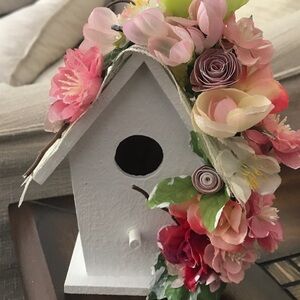 Handmade Birdhouse Roses Lace Birds Pink Flowers Wooden Indoor Decor